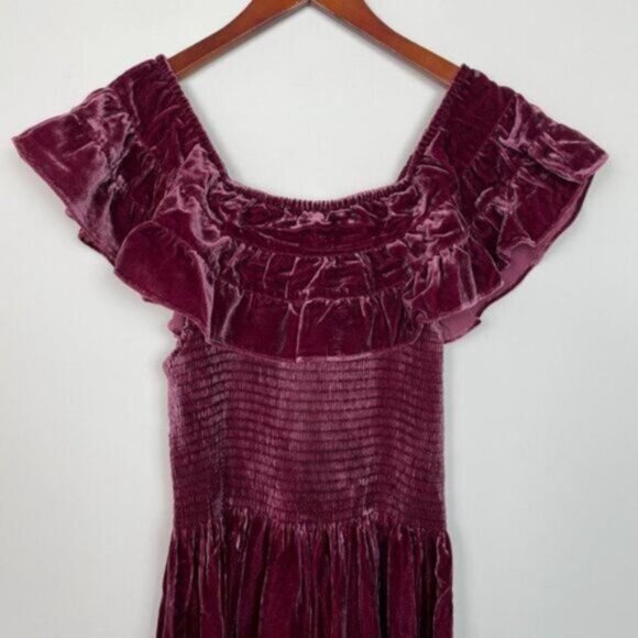 Hill House The Akilah Nap Velvet Silk Midi Ruffle Holiday Dress Burgundy S - Picture 4 of 8